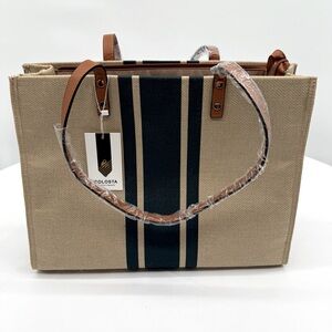 Bolosta High Capacity Tote Bag Tan Navy Crossbody Commuter Bag NWT‎